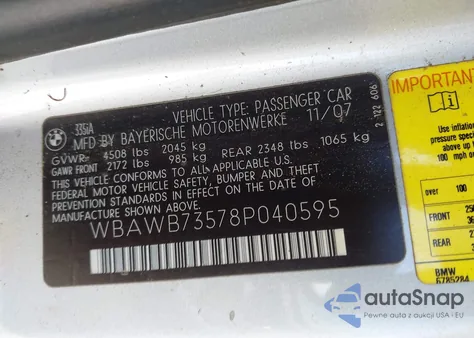 2008 BMW 335I z USA, uszkodzony, nr VIN WBAWB73578P040595